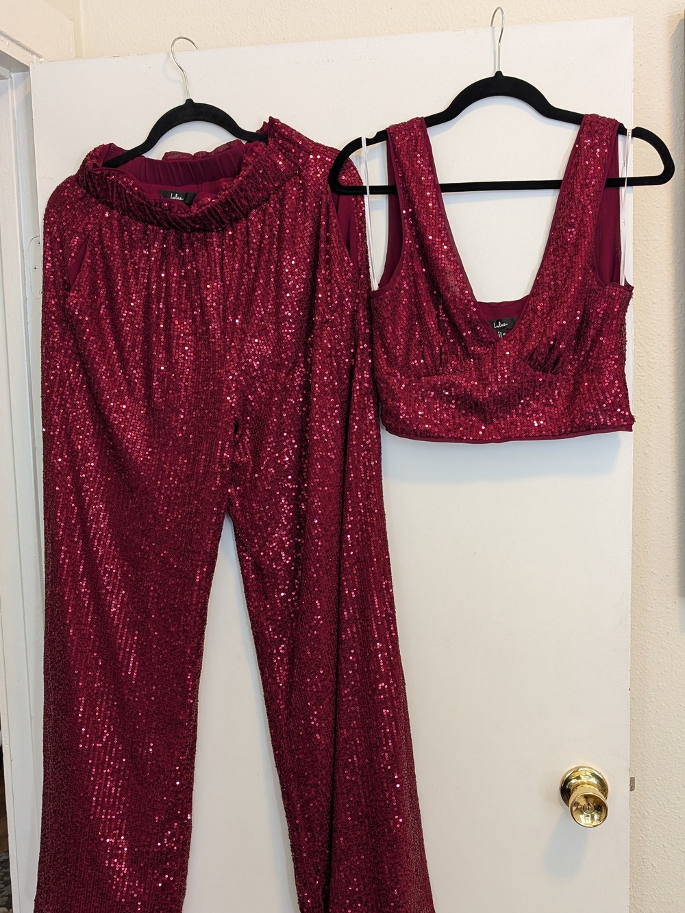 Lulu's Red Sequin Jumpsuit Set - Crop Top & High-Waist Pants